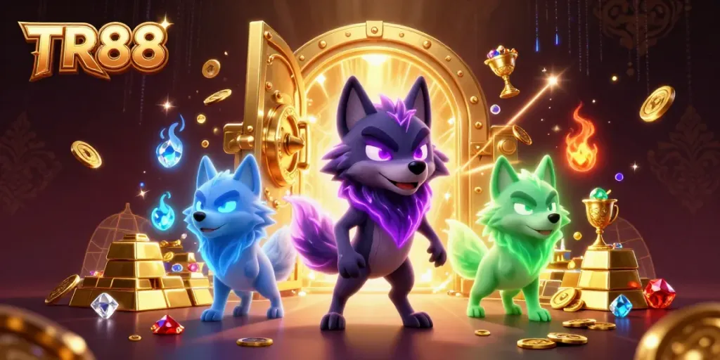 Experience thrilling gaming at TR88 with a dynamic 3D scene featuring mystical wolves amid dazzling treasures.