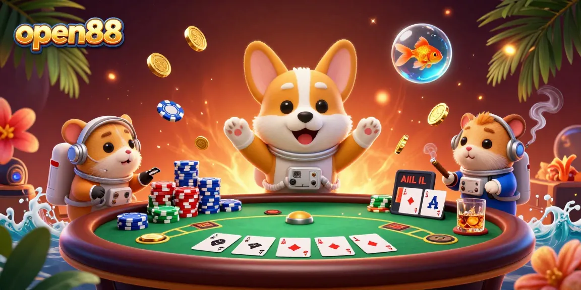 Join the adventure at open88, as a cartoon astronaut corgi plays in a vibrant casino scene filled with poker chips and action.