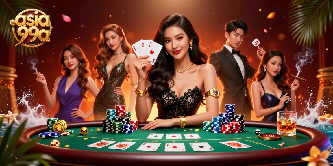 Experience thrilling poker strategies with asia99a's vibrant casino scene featuring a stylish dealer.