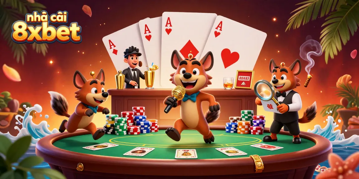 Experience the excitement at nhà cái 8xbet with a vibrant 3D cartoon casino scene featuring hyenas in action.
