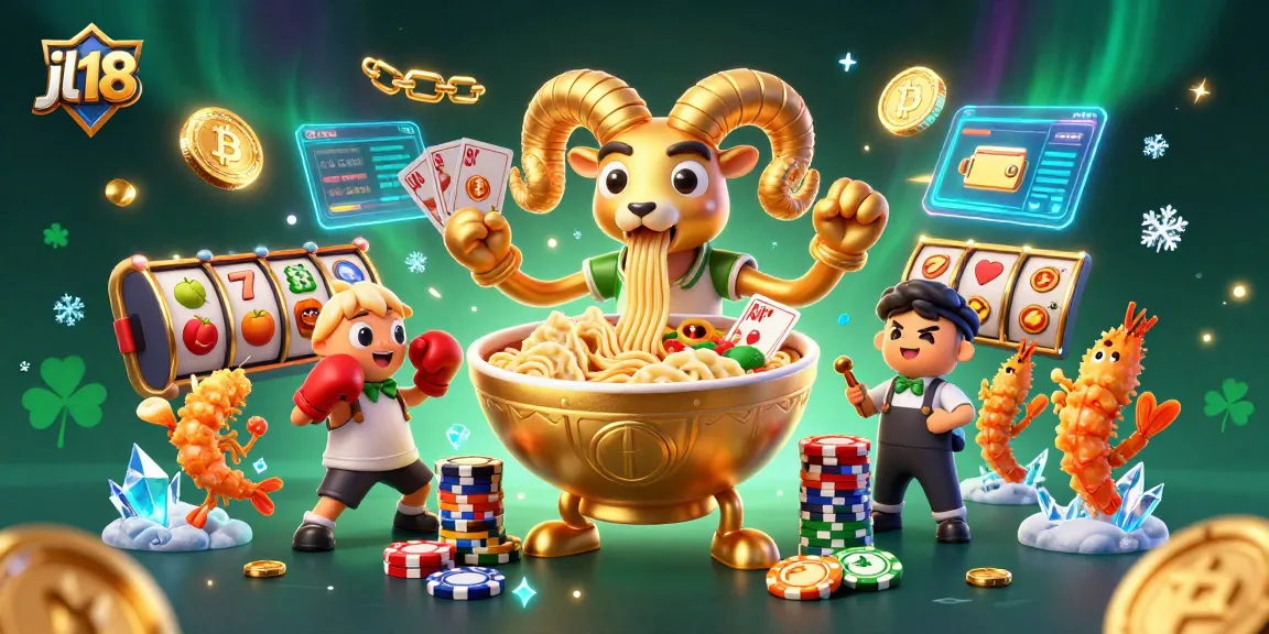 Engage with jl18's vibrant casino world featuring a golden ramen bowl dealing cards and chips.
