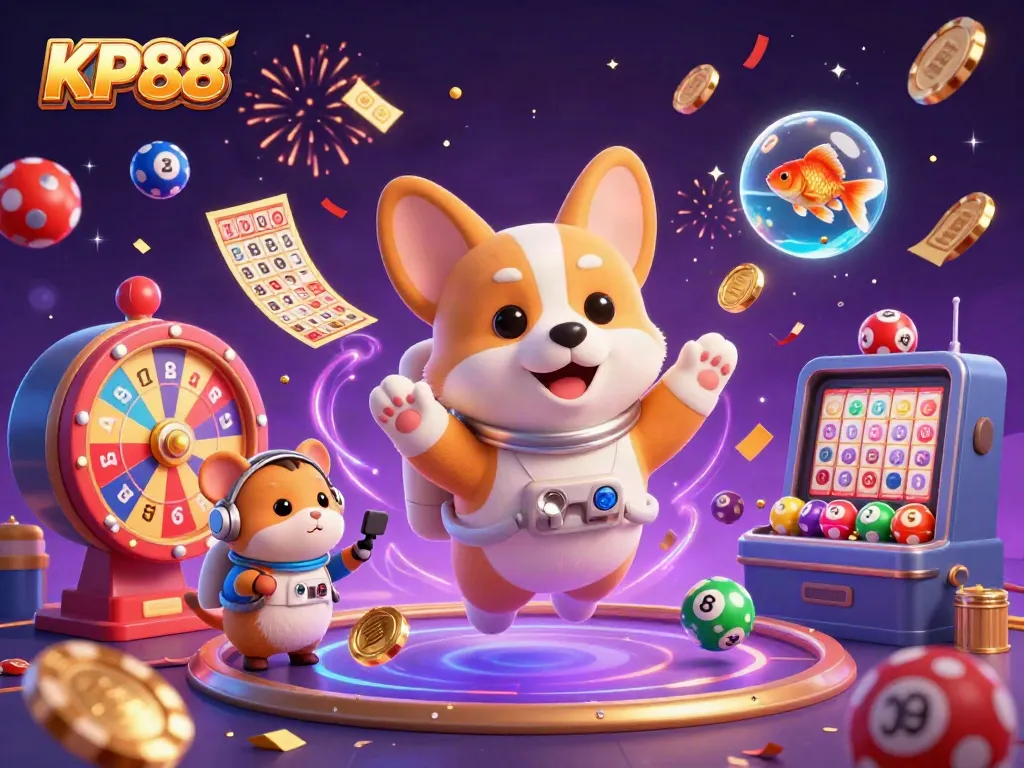 Experience KP88's exciting gaming adventure with vibrant visuals in a bustling space casino.