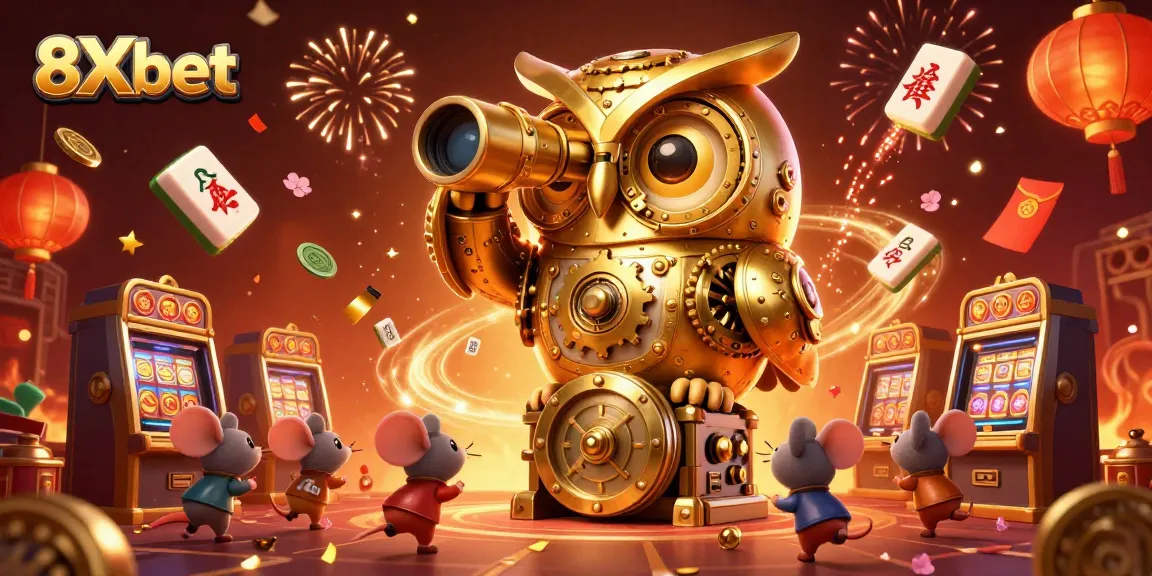Win big with an 8Xbet experience at our vibrant online casino, featuring a majestic owl and lively mouse patrons.