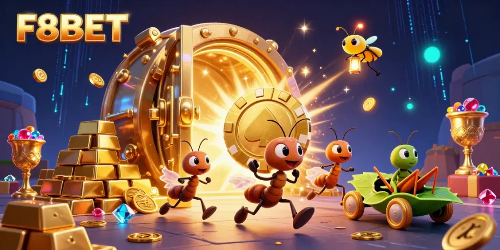 Experience thrilling gameplay at F8BET with a vibrant 3D scene of ants carrying a giant poker chip.