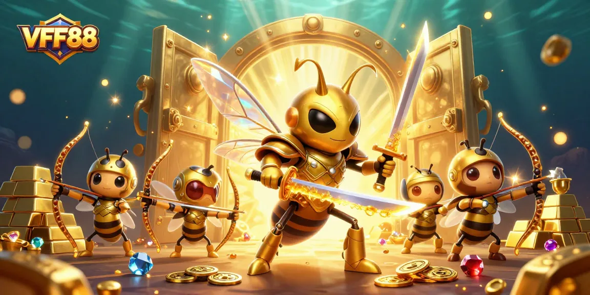 Experience thrilling gameplay at VFF88 with a 3D illustration of exciting casino elements and characters.