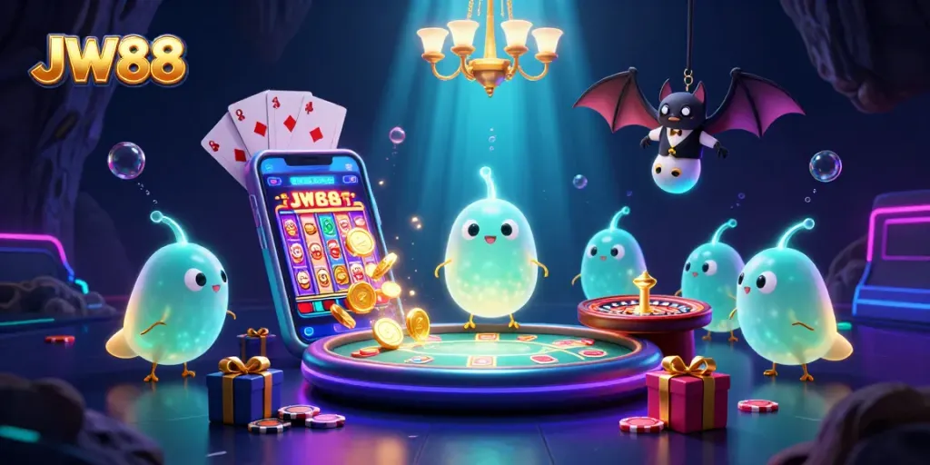 Experience vibrant gameplay with JW88, a lively cave casino illuminated by glowworms and a bat dealer.