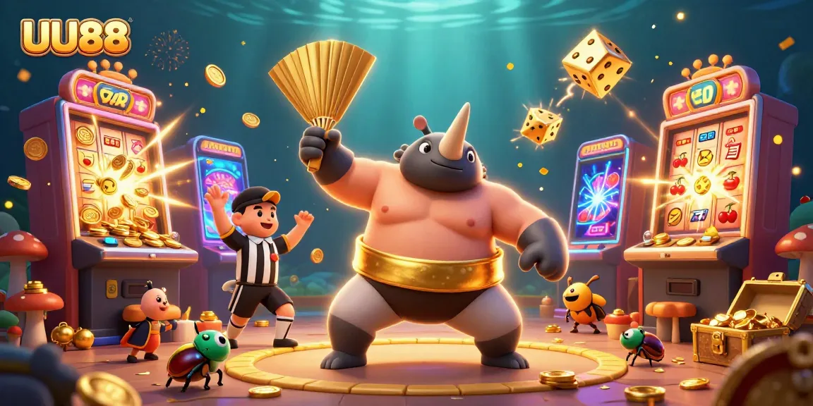 Experience thrilling casino action with UU88 featuring a vibrant beetle sumo championship amid flying coins and slot machines.