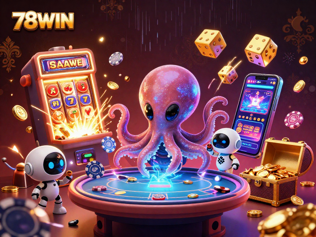 Experience thrilling gameplay with 78WIN as the alien octopus operates a holographic poker table.