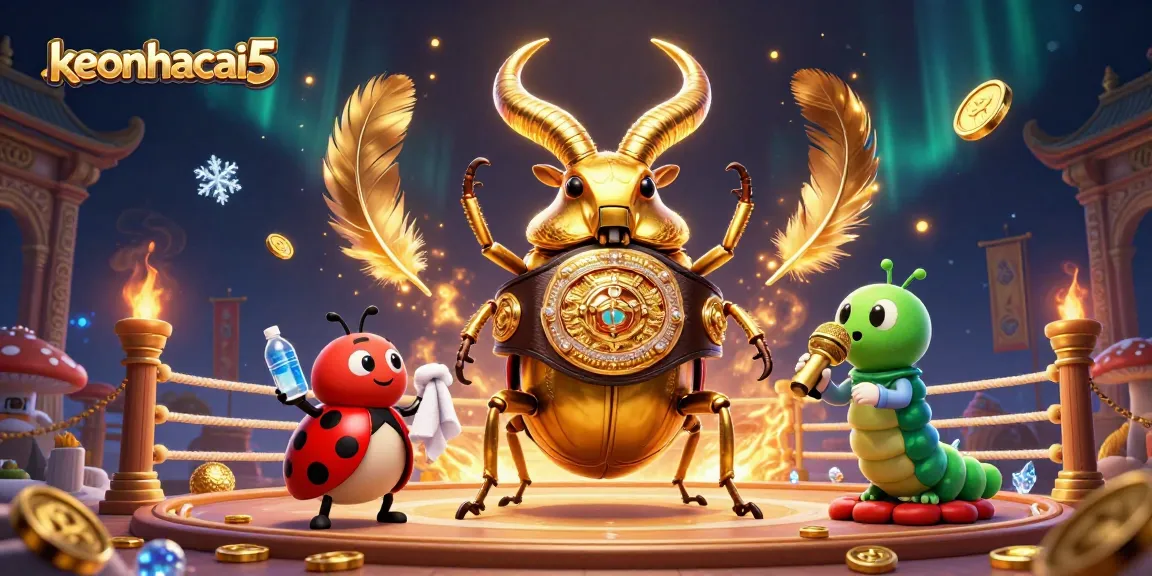 Engage in thrilling action with keonhacai5 featuring a giant stag beetle in a boxing match surrounded by dynamic gambling elements.