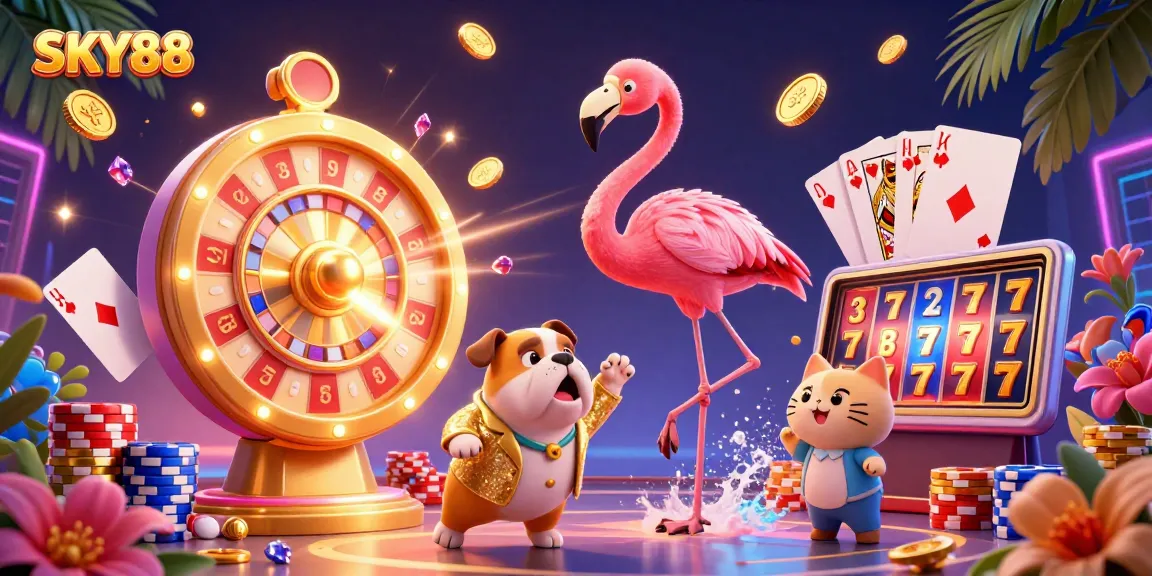 Engage in thrilling action at SKY88, showcasing vibrant casino elements and lively characters.