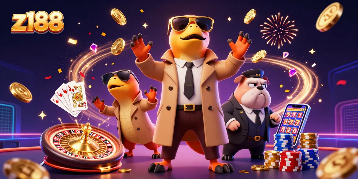 Experience z188 with cartoon raptors at a casino, surrounded by coins and glowing cards.