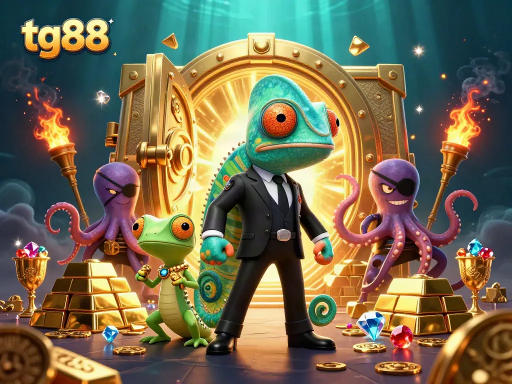 Experience the excitement of tg88's online casino with vibrant characters and treasures.