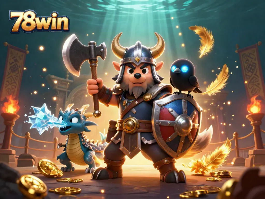 Engage with 78win in an action-packed 3D casino scene showcasing fantasy characters and vibrant elements.