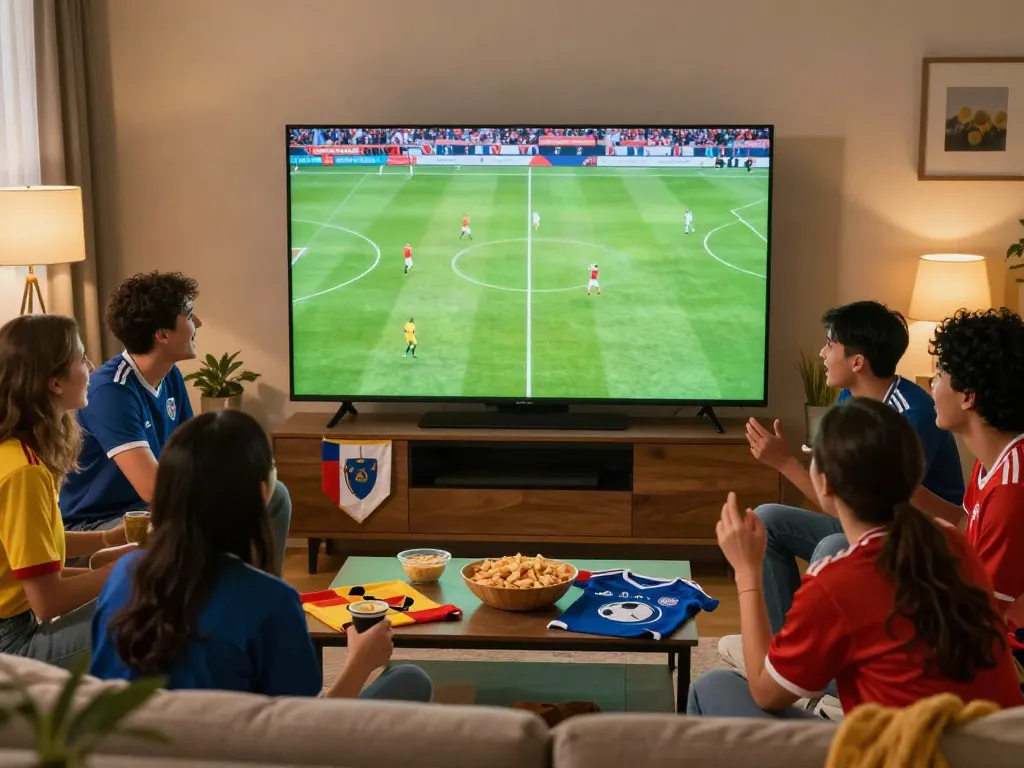 Friends enjoying a soccer match on Gavangtv in a cozy living room.