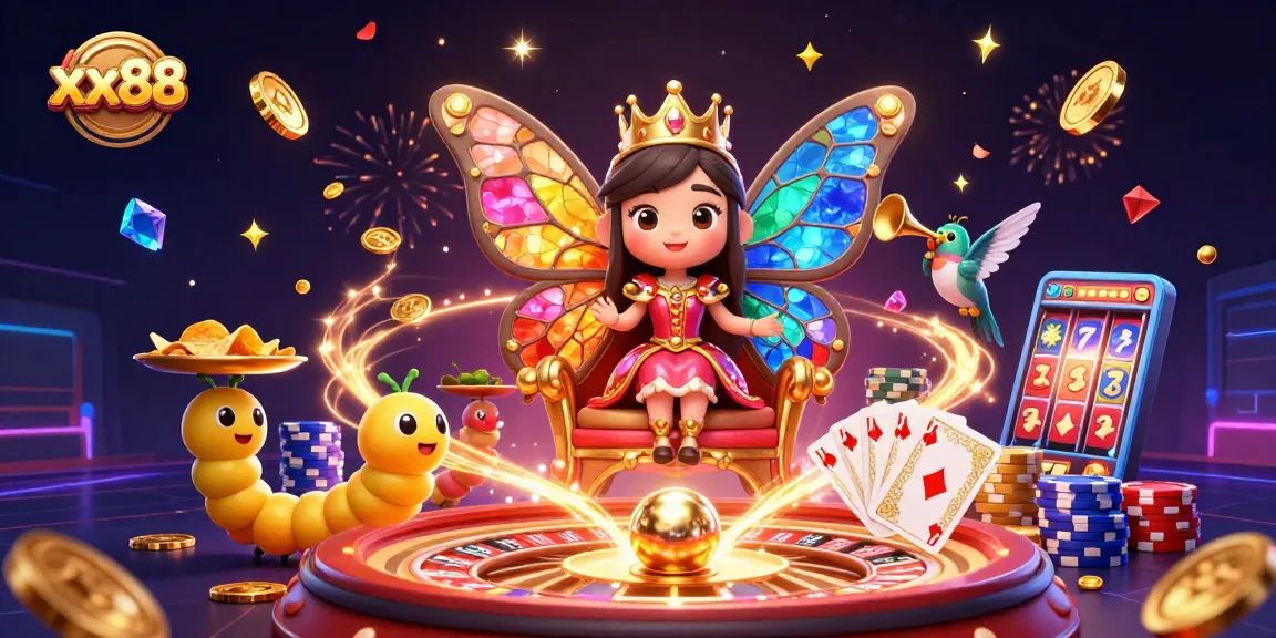 Win big with xx88's vibrant gaming scene featuring cascading coins and colorful characters.