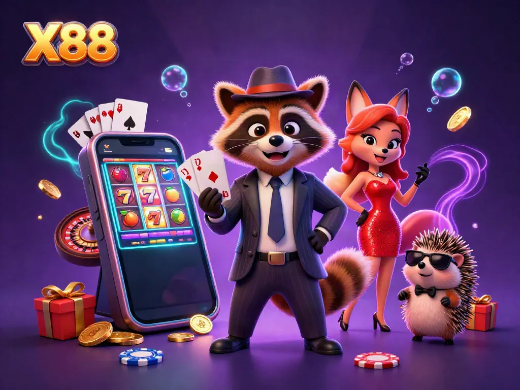 X88 casino scene with a suave raccoon in a suit holding a royal flush, slot game elements, and a colorful background.