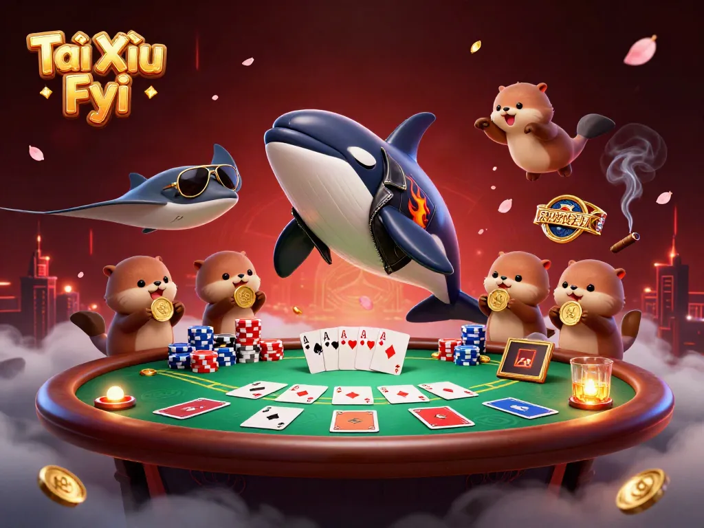 Tài Xỉu Fyi showcases an orca in a biker jacket, a stingray, and otters amid vibrant poker elements.
