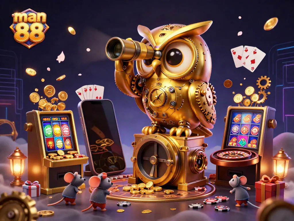 Experience thrilling gameplay with man 88, where a golden owl oversees a bustling casino scene filled with vibrant games.