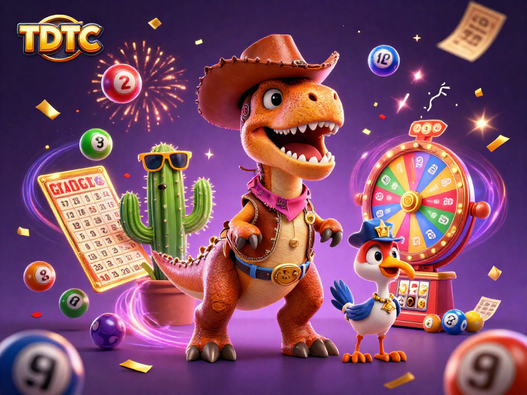 Engage with TDTC's vibrant 3D lottery scene featuring colorful characters and dynamic game elements.