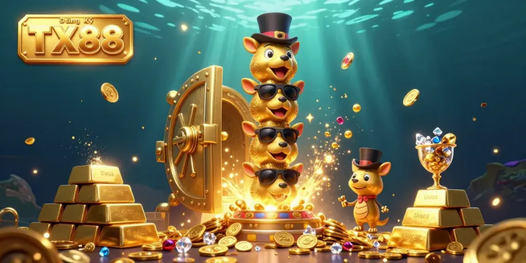 Join the fun of Đăng Ký TX88 with a lively golden totem pole and treasure elements in a casino scene.