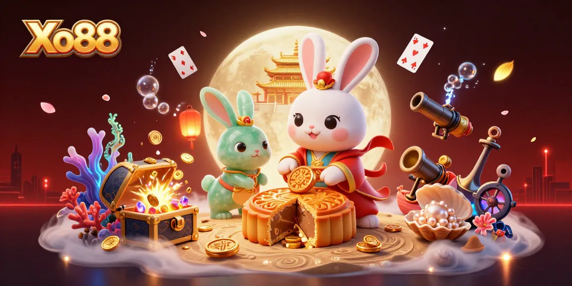 Xo88 captures the excitement of online gaming, featuring a moon rabbit and poker chips in a lively casino scene.
