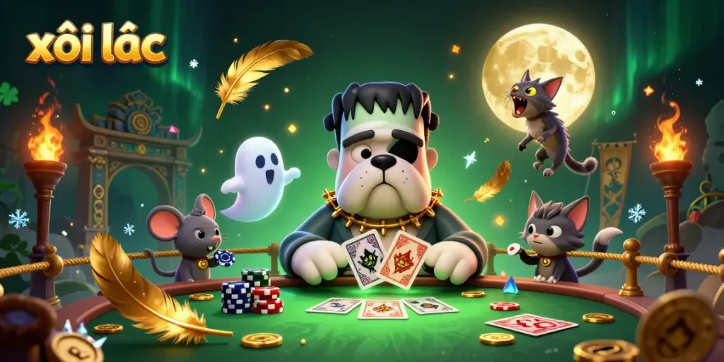Engage in thrilling card games with xôi lạc while a playful ghost mouse floats through chips.