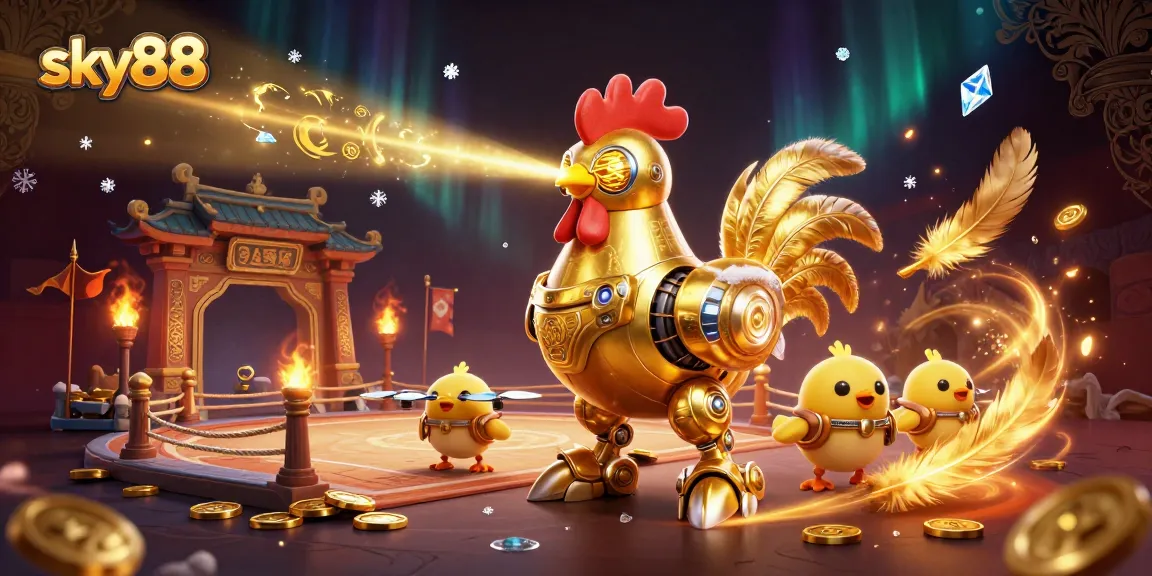 Join the action at sky88 casino with a vibrant scene of a golden rooster robot among excitement and rewards.