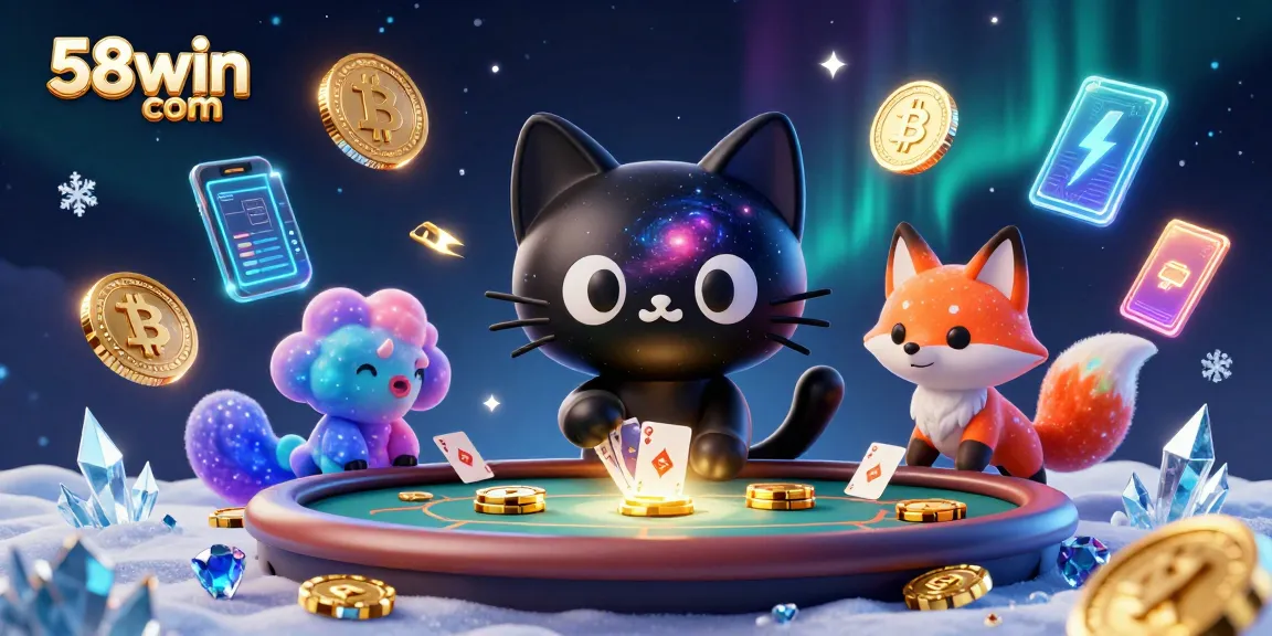 Engage with thrilling games at 58win com, featuring vibrant 3D characters amidst glowing casino elements.