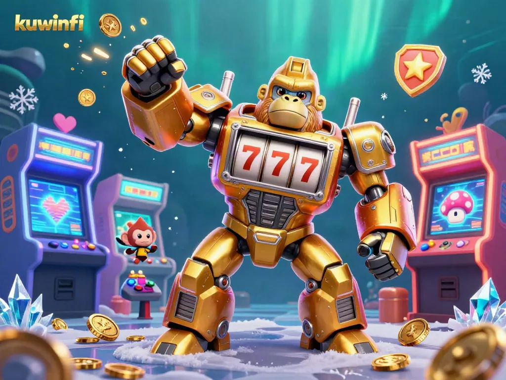 Kuwinfi gaming experience illustration with a golden gorilla mech and exciting casino elements.