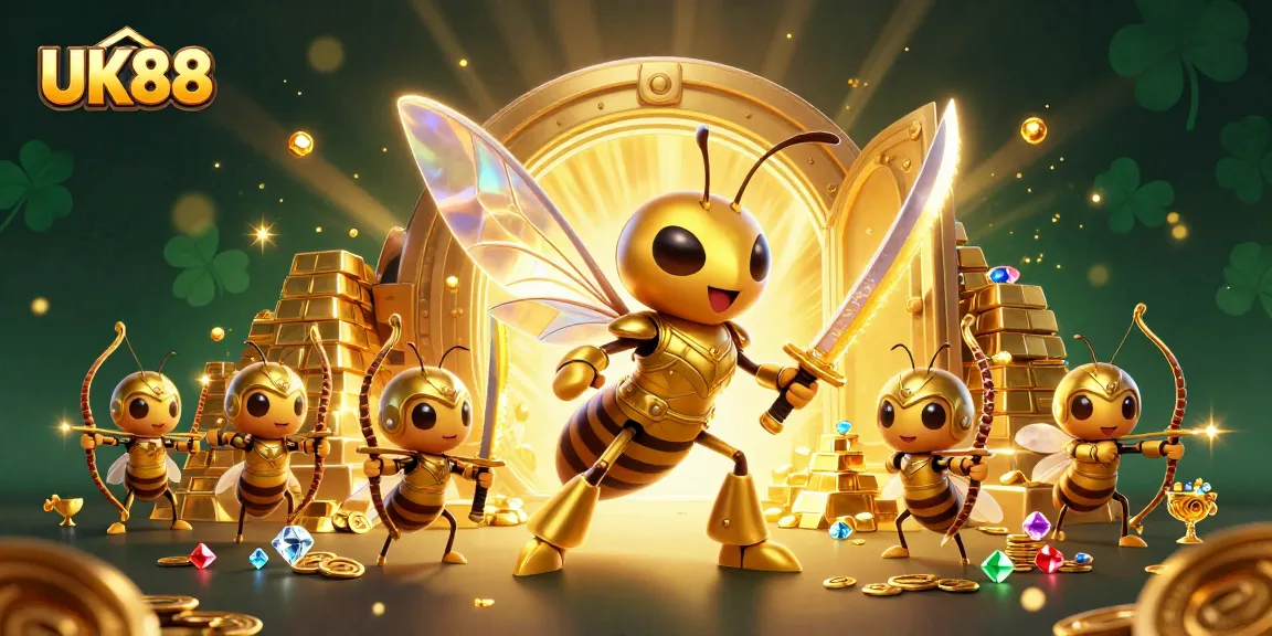 Experience the excitement of winning at UK88 with vibrant casino-themed illustration full of treasures and action.
