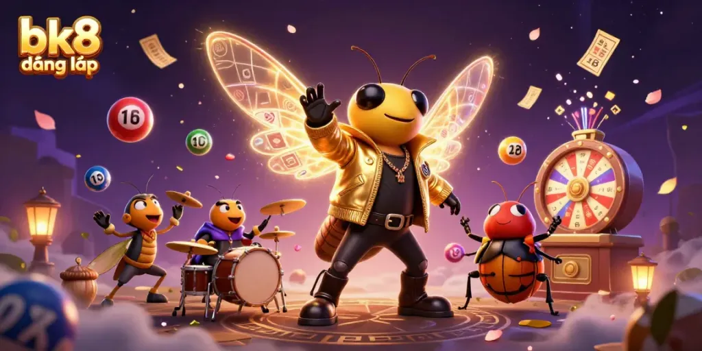 Experience thrilling action with bk8 đăng nhập, depicting a lively 3D casino scene filled with games and excitement.