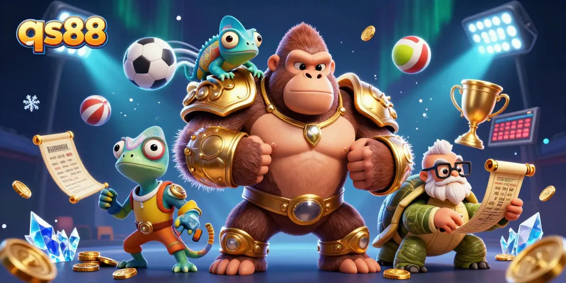 Engage with thrilling games at qs88 featuring a cartoon gorilla king and vibrant sports elements.