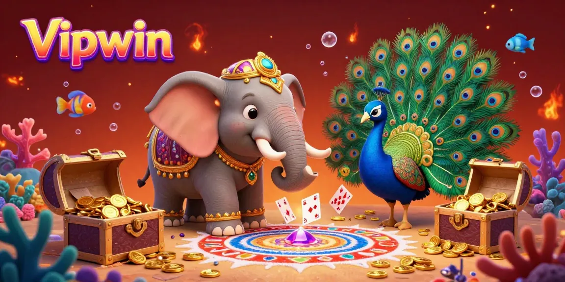 Experience the vibrant underwater treasures of Vipwin with an elephant and peacock in a colorful 3D gaming scene.