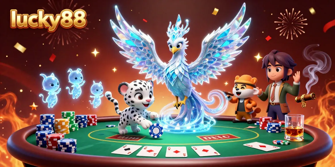 Engage with lucky88's vibrant casino scene featuring the ice phoenix amidst poker excitement.