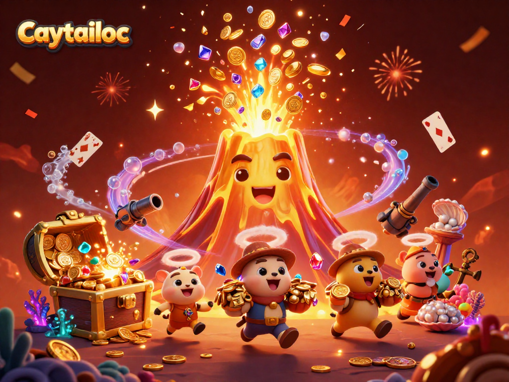 Caytailoc reveals treasures from the jackpot volcano, surrounded by vibrant animated elements in a 3D casino adventure.