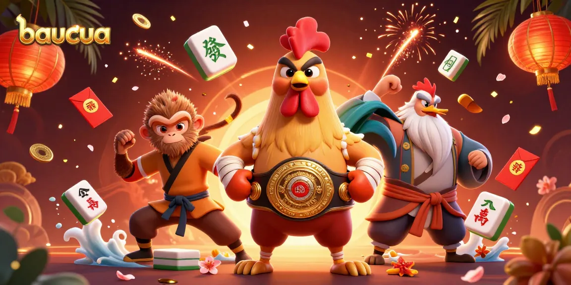 Baucua players enjoy thrilling moments in a vibrant, dynamic 3D casino illustration with martial arts characters.