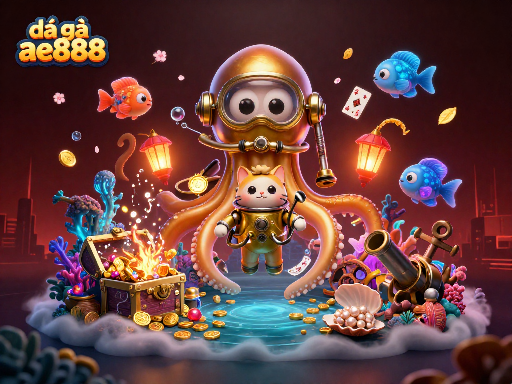 Experience the thrill of đá gà ae888 with a vibrant 3D underwater casino scene featuring unique characters.