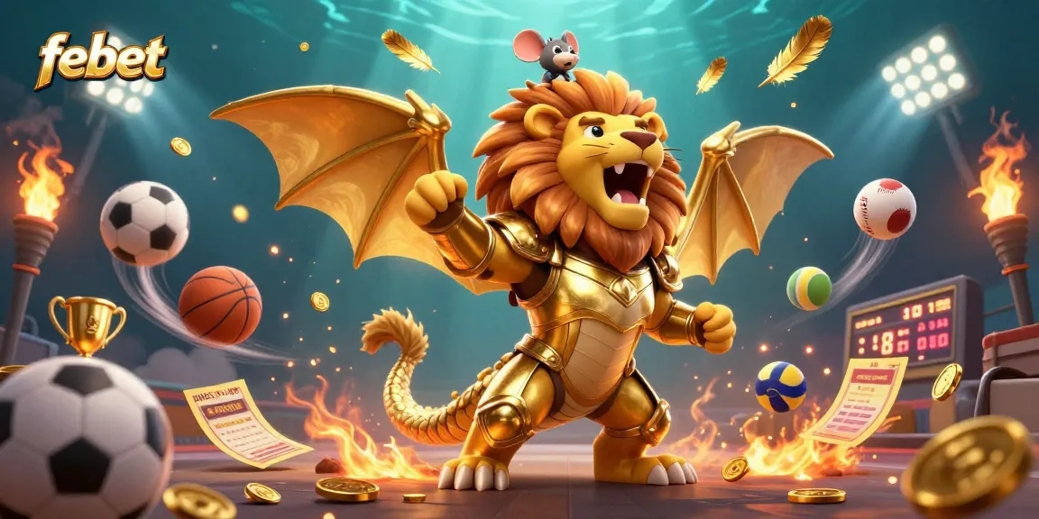 Experience thrilling bets at febet with a roaring chimera and sports elements flying dynamically.