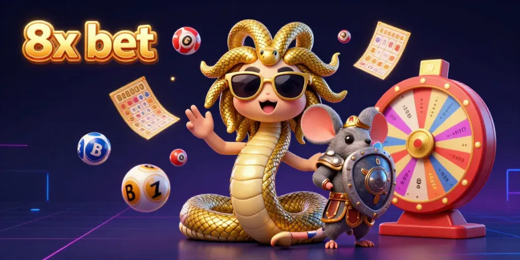 Engage in the excitement of 8x bet with a vibrant lottery-themed 3D illustration featuring playful characters and dynamic game elements.