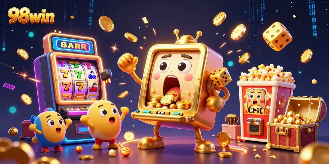 Engage in thrilling games at 98win, where a slot machine celebrates a massive jackpot surrounded by festive elements!