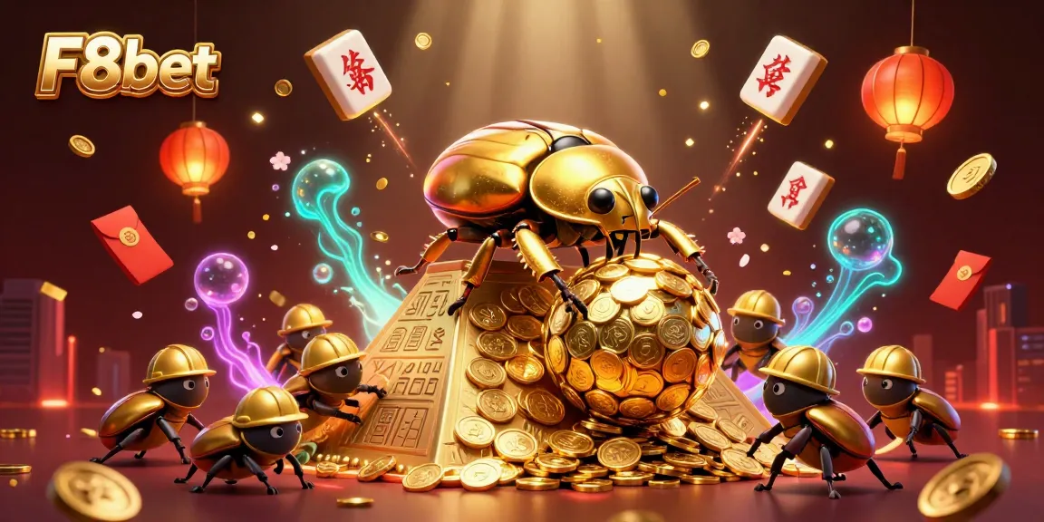 Join the action at F8bet with a stunning 3D illustration of a golden dung beetle rolling coins.