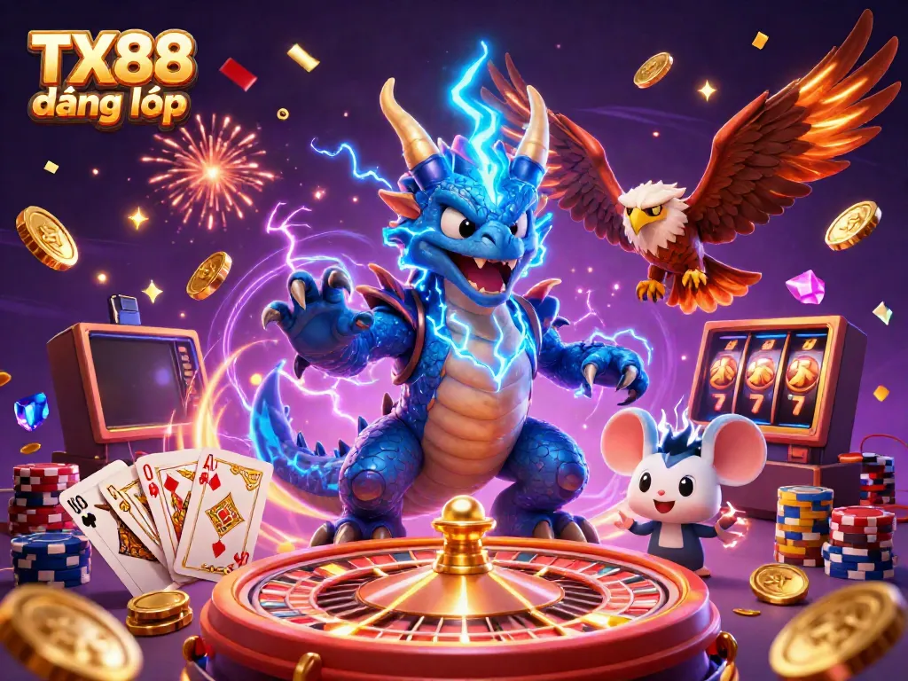 Engage with TX88 đăng nhập at a vibrant casino scene featuring a thunder dragon and lavish gaming elements.