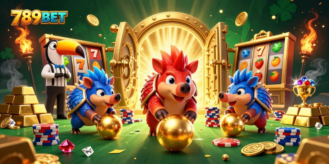 Experience thrilling gameplay at 789BET with lively pangolins, golden treasures, and vibrant casino elements.