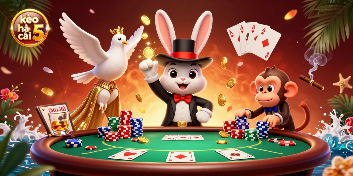 Engage in thrilling action at kèo nhà cái 5 with a dynamic scene of a magician rabbit and poker chips.
