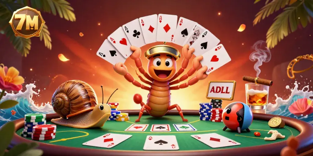 Engage in thrilling gameplay with 7M's animated millipede dealer and snail high-roller at an action-packed poker table.