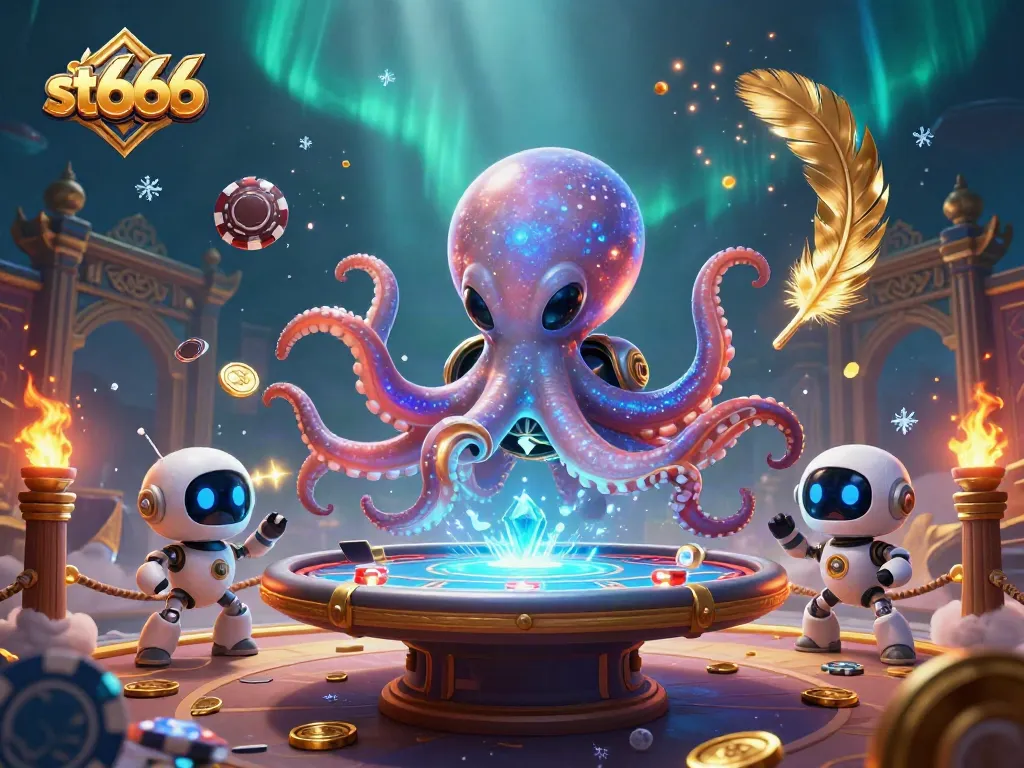 Engage with st666 through a vibrant scene of a cosmic octopus and its robot companion at a poker table.