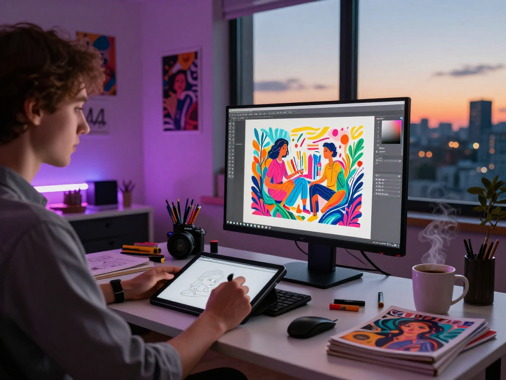 Artist creating NSFW AI art in colorful digital studio with ambient lights