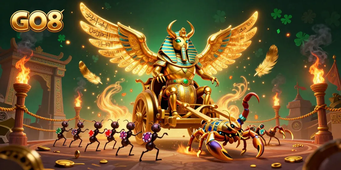 Experience exciting gameplay with GO8's dynamic and vibrant casino illustration featuring golden elements and action.