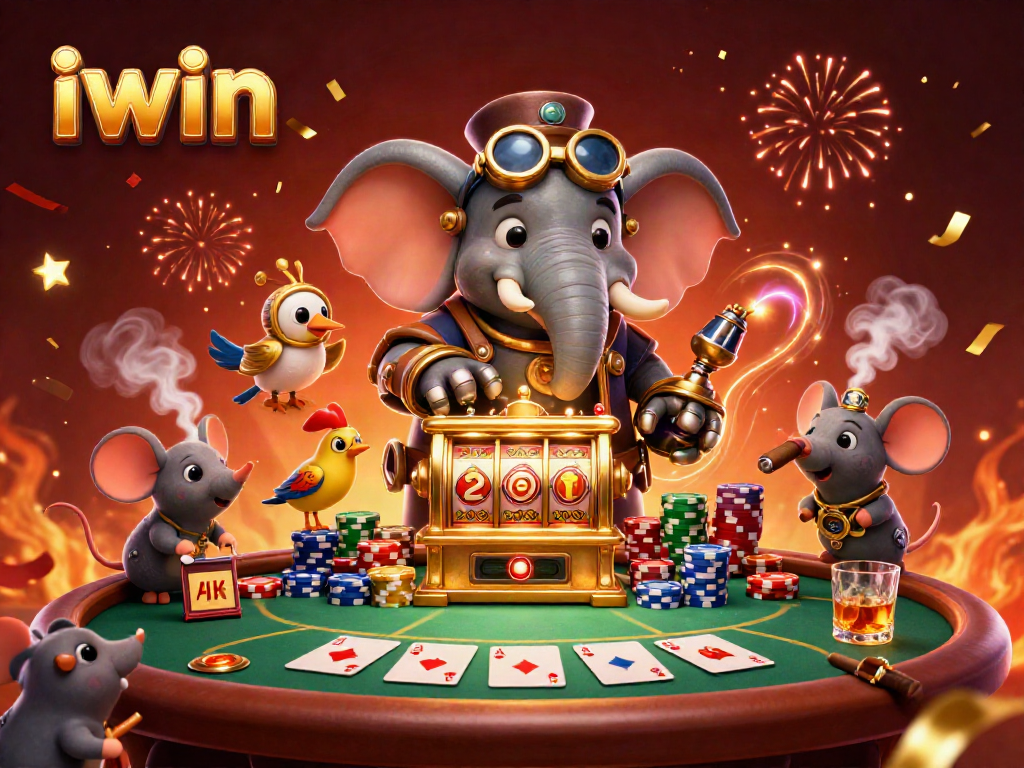 Experience the thrill of iwin through a lively 3D illustration of a steampunk elephant at a vibrant poker table.