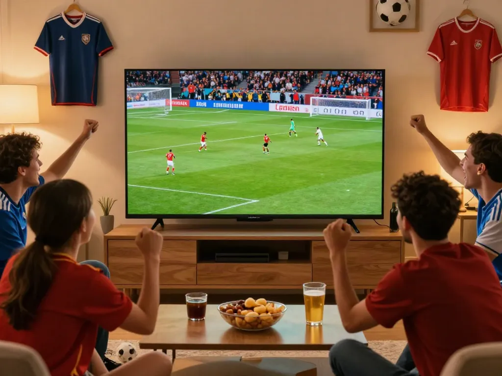 Fans enjoying a Thapcamtv live soccer match in a vibrant living room setting.